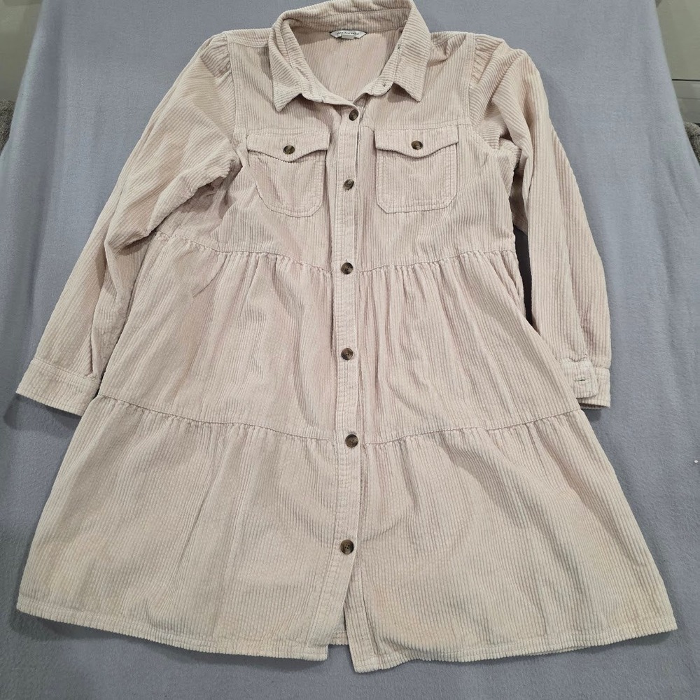 American Eagle Corduroy Tiered Babydoll Shirt Dress Cream Beige Womens Large L